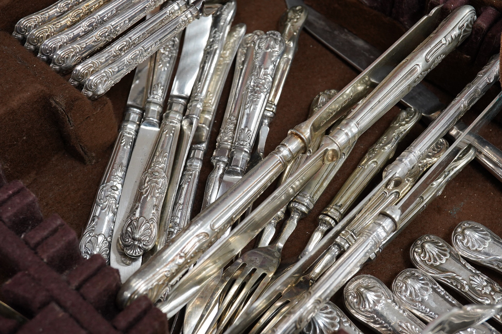A mid 20th century comprehensive harlequin set of Kings pattern silver plated cutlery, mahogany cased, 90cm wide. Condition - fair to good